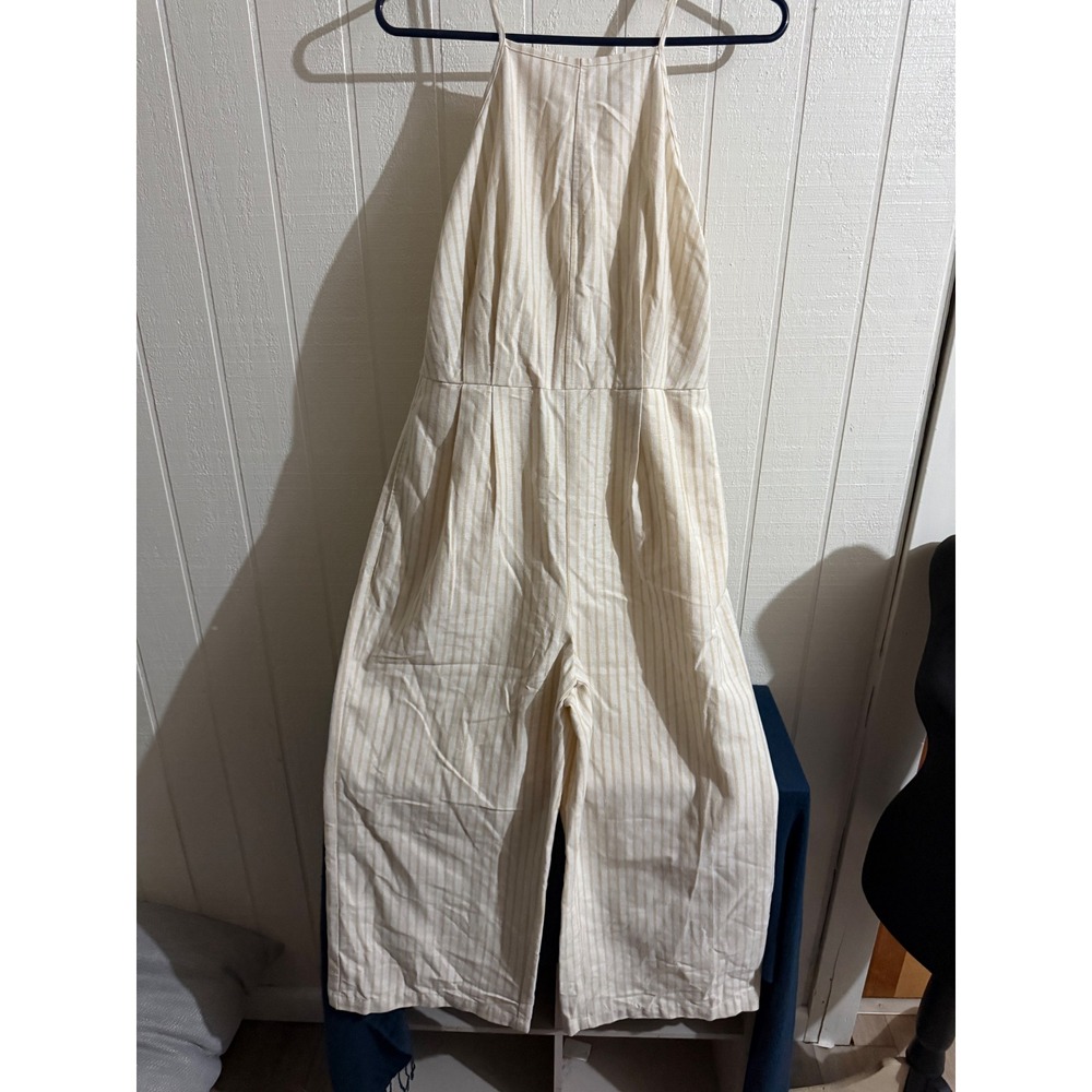 Greylin Striped Cotton Linen Blend Tie Back Wide Leg Jumpsuit Cream Tan Medium